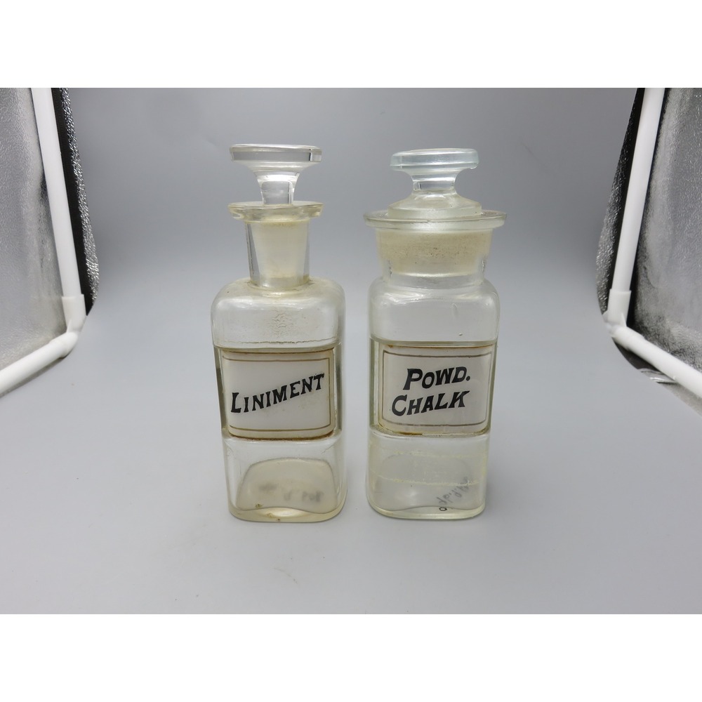 Vintage Glass Apothecary Jars Liniment & Powd Chalk Labels Ground Glass Stoppers
